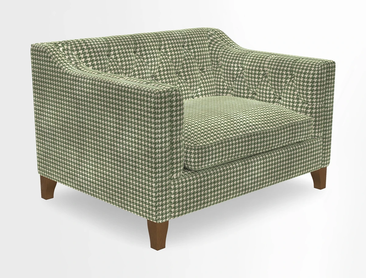 Haresfield Snuggler Dipped Arms in Mohair Lichen Seat Cushion in RHS Gertrude Jekyll Meadow Flower Olive and Scatters in RHS Gertrude Jekyll Folklore Olive