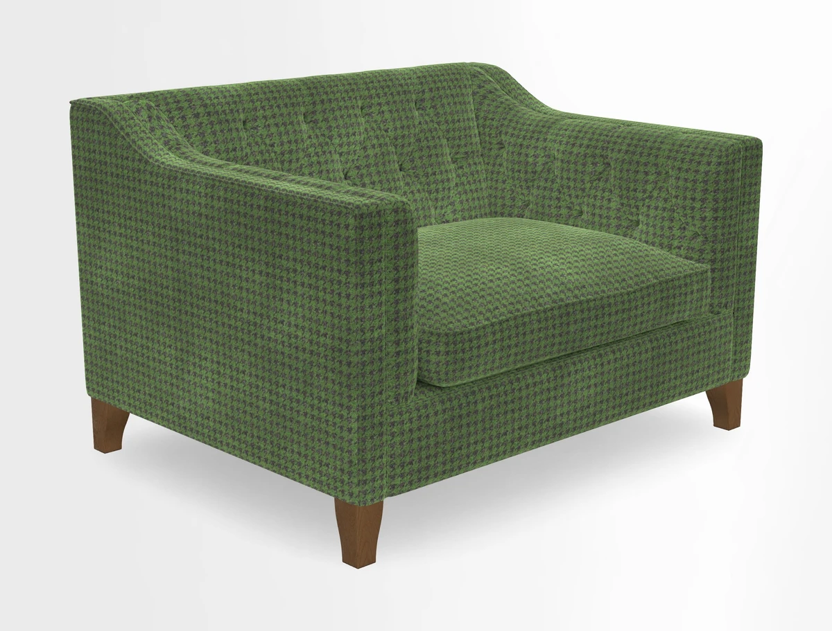 Haresfield Snuggler Dipped Arms in Mohair Lichen Seat Cushion in RHS Gertrude Jekyll Meadow Flower Olive and Scatters in RHS Gertrude Jekyll Folklore Olive