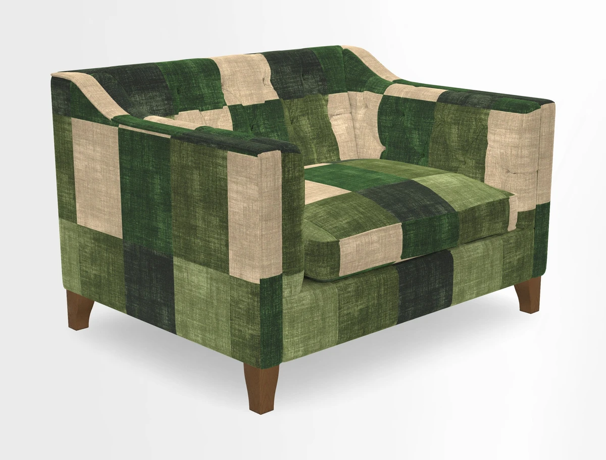 Haresfield Snuggler Dipped Arms in Mohair Lichen Seat Cushion in RHS Gertrude Jekyll Meadow Flower Olive and Scatters in RHS Gertrude Jekyll Folklore Olive