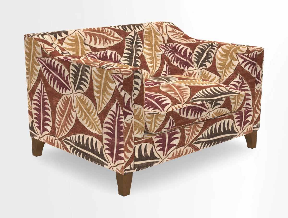 Haresfield Snuggler Dipped Arms in Mohair Lichen Seat Cushion in RHS Gertrude Jekyll Meadow Flower Olive and Scatters in RHS Gertrude Jekyll Folklore Olive