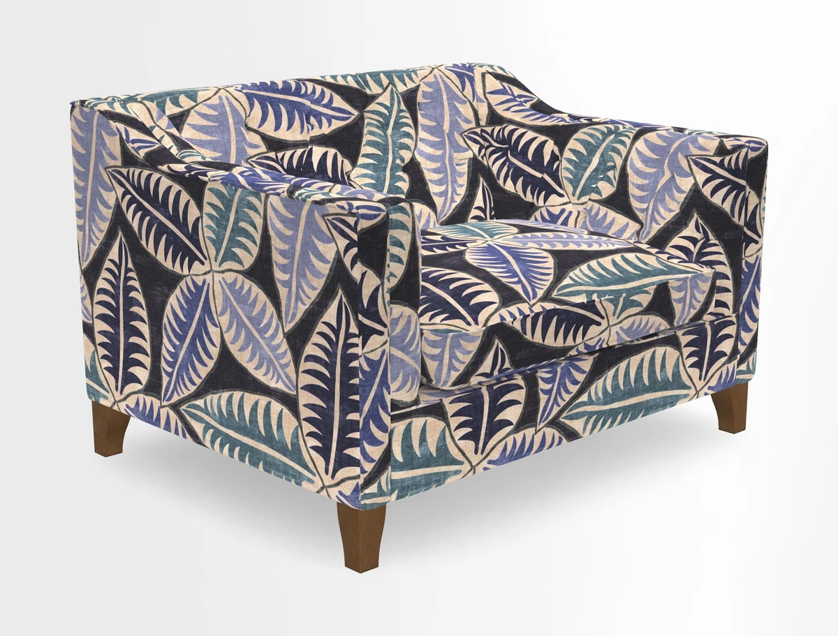 Haresfield Snuggler Dipped Arms in Mohair Lichen Seat Cushion in RHS Gertrude Jekyll Meadow Flower Olive and Scatters in RHS Gertrude Jekyll Folklore Olive