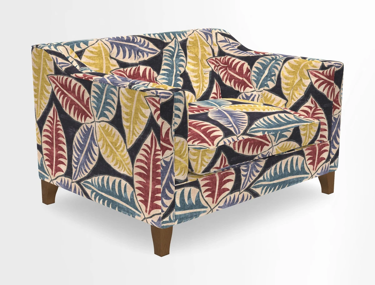 Haresfield Snuggler Dipped Arms in Mohair Lichen Seat Cushion in RHS Gertrude Jekyll Meadow Flower Olive and Scatters in RHS Gertrude Jekyll Folklore Olive