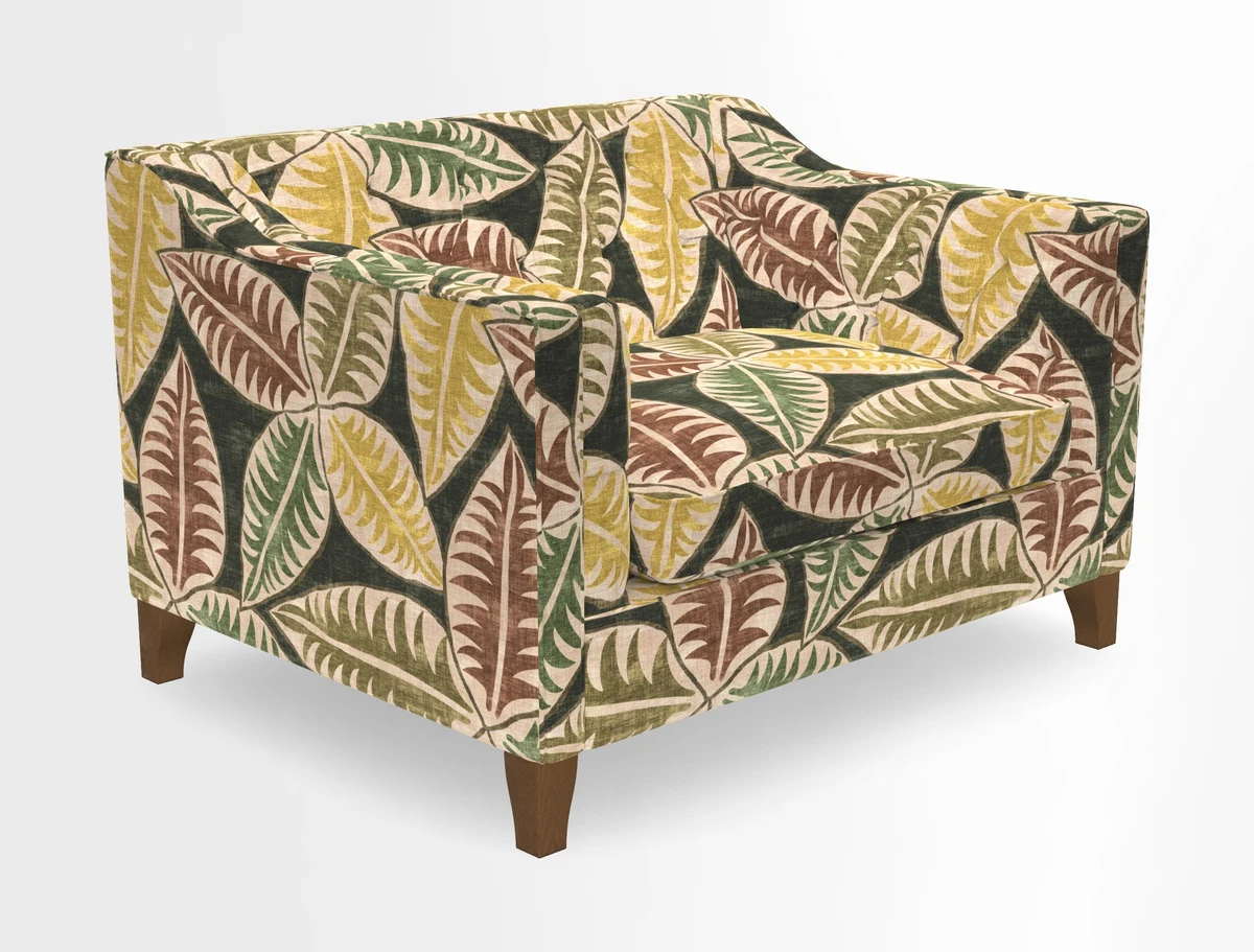 Haresfield Snuggler Dipped Arms in Mohair Lichen Seat Cushion in RHS Gertrude Jekyll Meadow Flower Olive and Scatters in RHS Gertrude Jekyll Folklore Olive