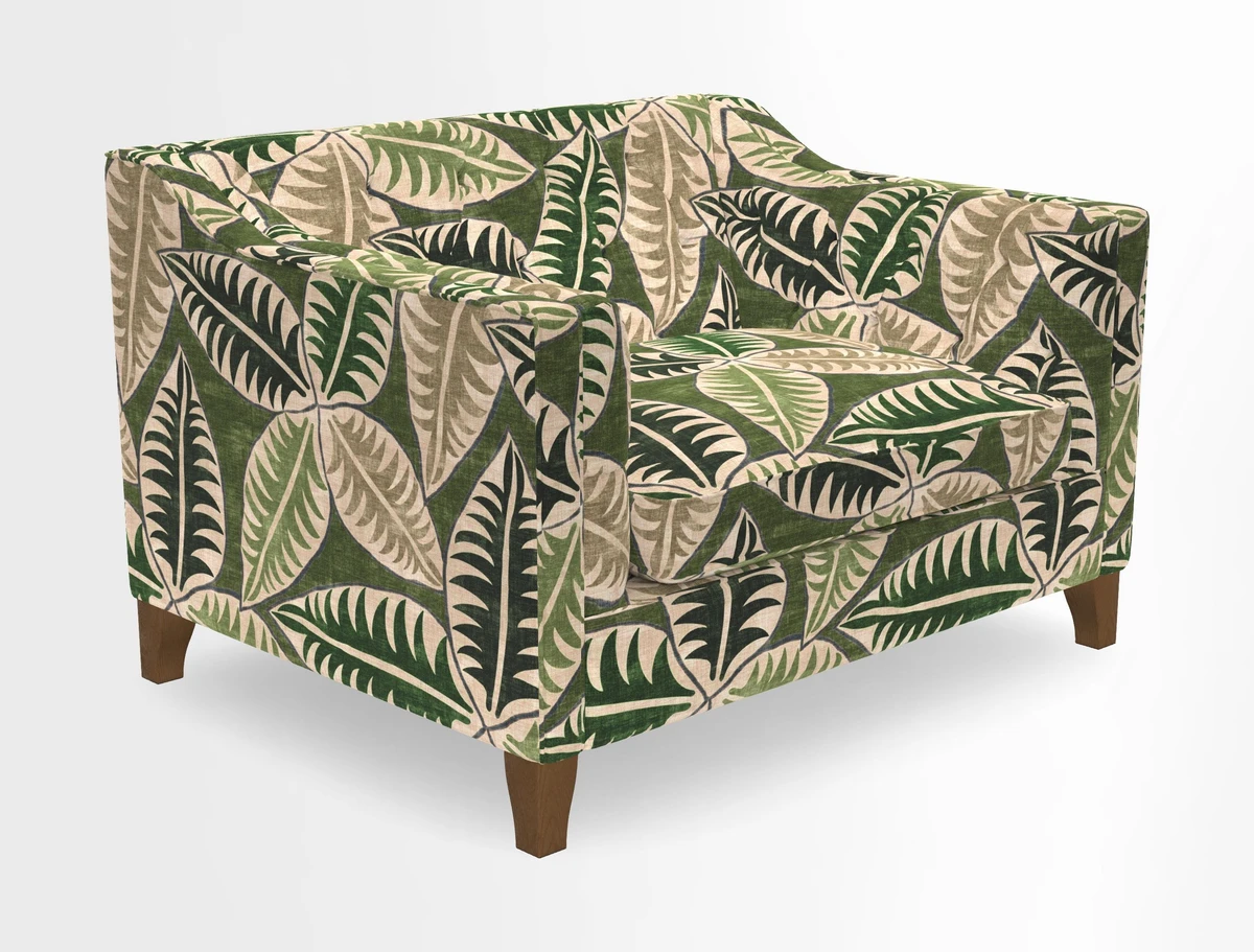 Haresfield Snuggler Dipped Arms in Mohair Lichen Seat Cushion in RHS Gertrude Jekyll Meadow Flower Olive and Scatters in RHS Gertrude Jekyll Folklore Olive