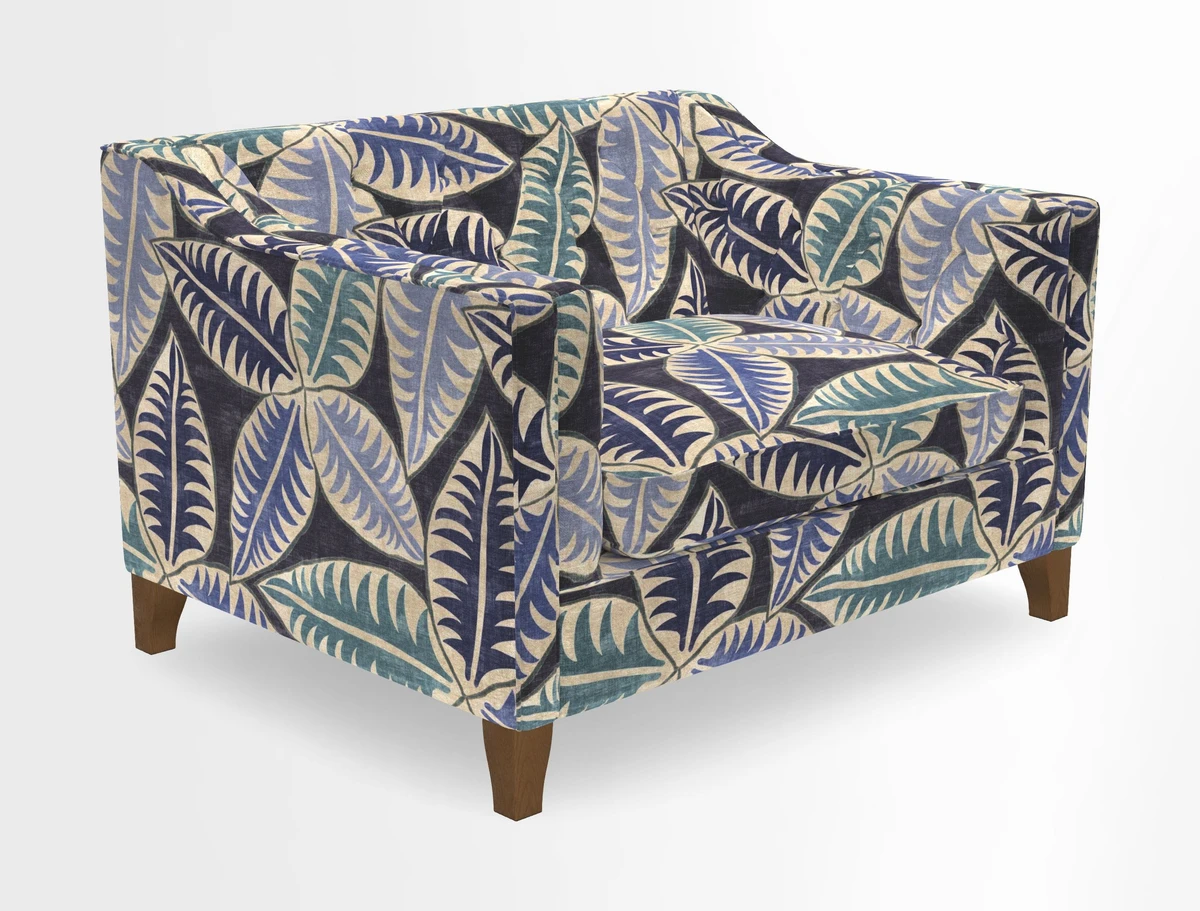 Haresfield Snuggler Dipped Arms in Mohair Lichen Seat Cushion in RHS Gertrude Jekyll Meadow Flower Olive and Scatters in RHS Gertrude Jekyll Folklore Olive