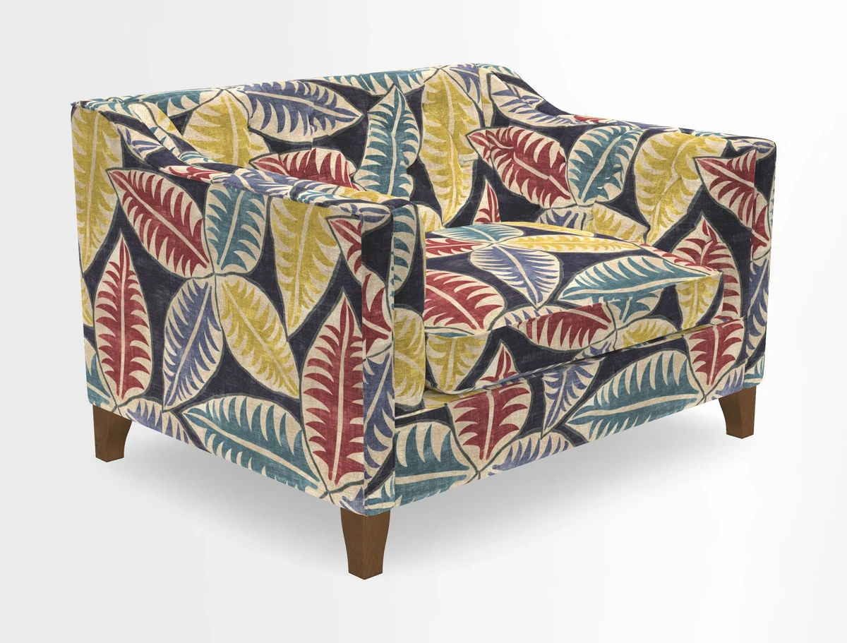 Haresfield Snuggler Dipped Arms in Mohair Lichen Seat Cushion in RHS Gertrude Jekyll Meadow Flower Olive and Scatters in RHS Gertrude Jekyll Folklore Olive