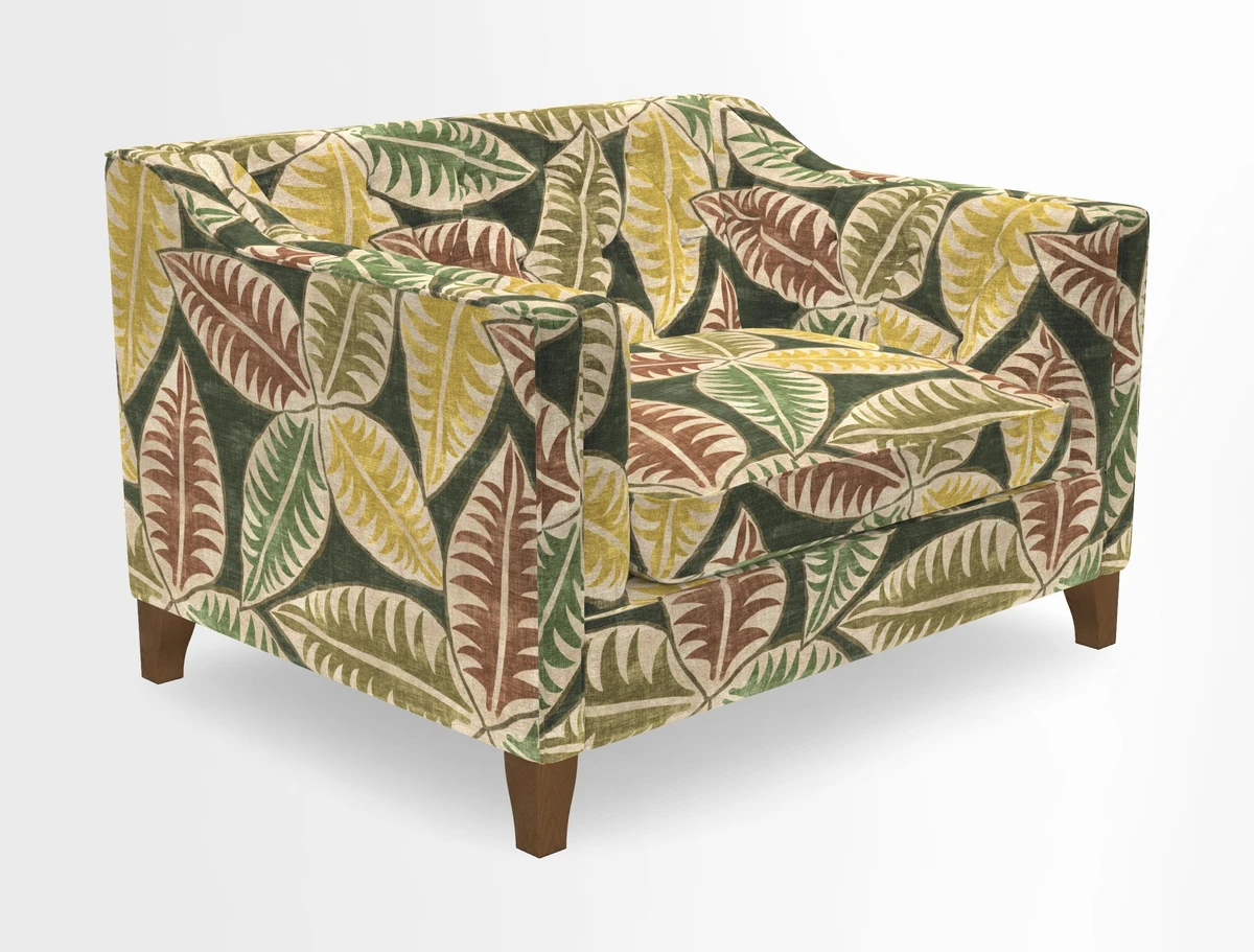 Haresfield Snuggler Dipped Arms in Mohair Lichen Seat Cushion in RHS Gertrude Jekyll Meadow Flower Olive and Scatters in RHS Gertrude Jekyll Folklore Olive