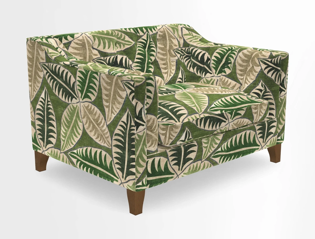 Haresfield Snuggler Dipped Arms in Mohair Lichen Seat Cushion in RHS Gertrude Jekyll Meadow Flower Olive and Scatters in RHS Gertrude Jekyll Folklore Olive