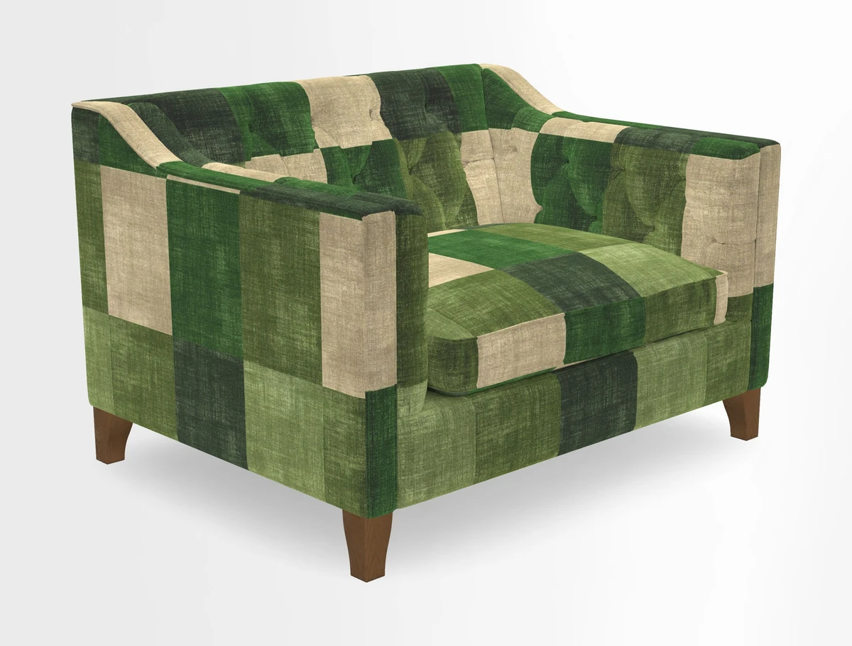 Haresfield Snuggler Dipped Arms in Mohair Lichen Seat Cushion in RHS Gertrude Jekyll Meadow Flower Olive and Scatters in RHS Gertrude Jekyll Folklore Olive