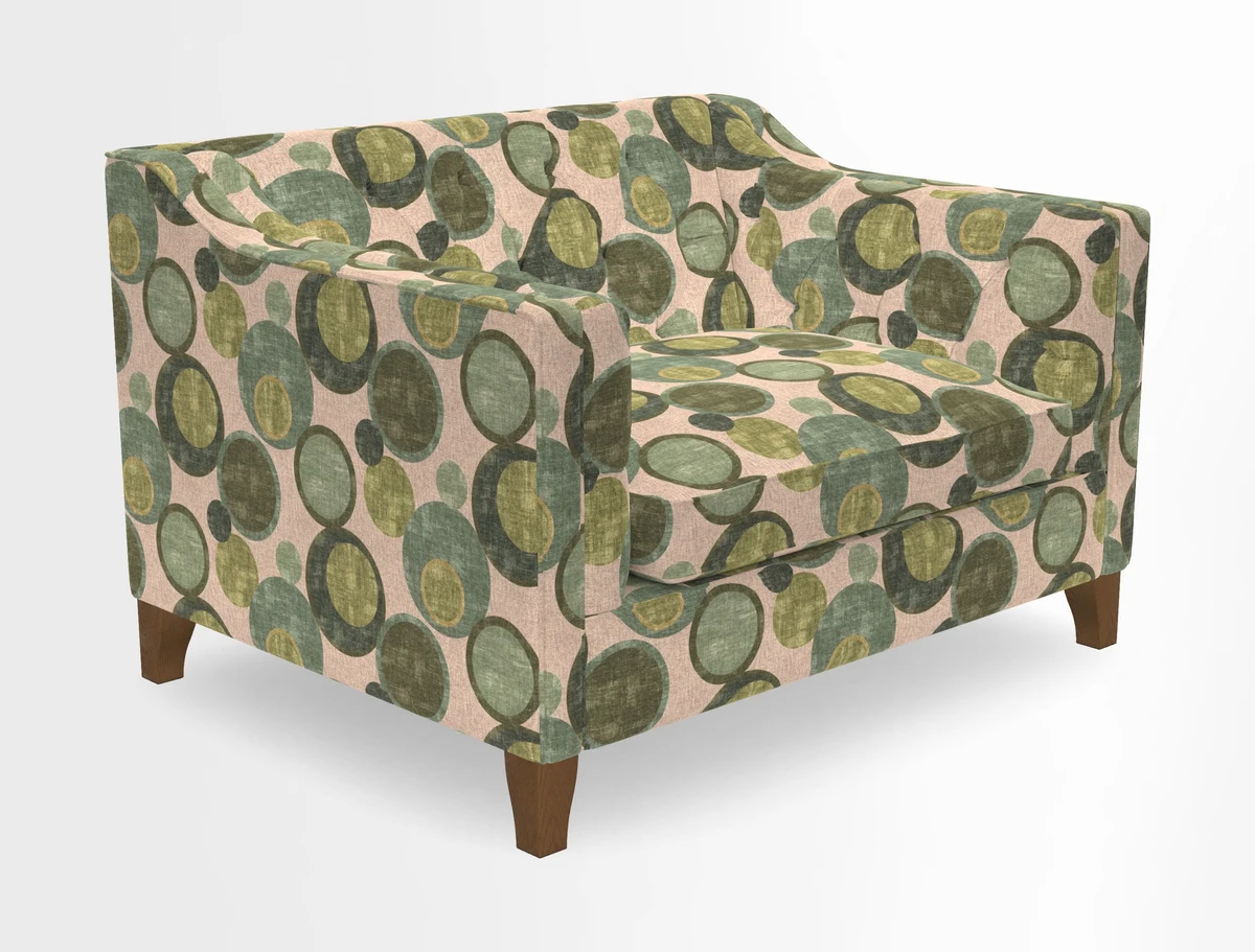 Haresfield Snuggler Dipped Arms in Mohair Lichen Seat Cushion in RHS Gertrude Jekyll Meadow Flower Olive and Scatters in RHS Gertrude Jekyll Folklore Olive