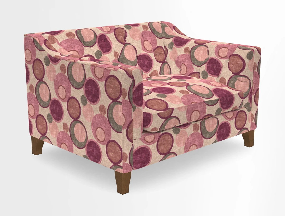 Haresfield Snuggler Dipped Arms in Mohair Lichen Seat Cushion in RHS Gertrude Jekyll Meadow Flower Olive and Scatters in RHS Gertrude Jekyll Folklore Olive