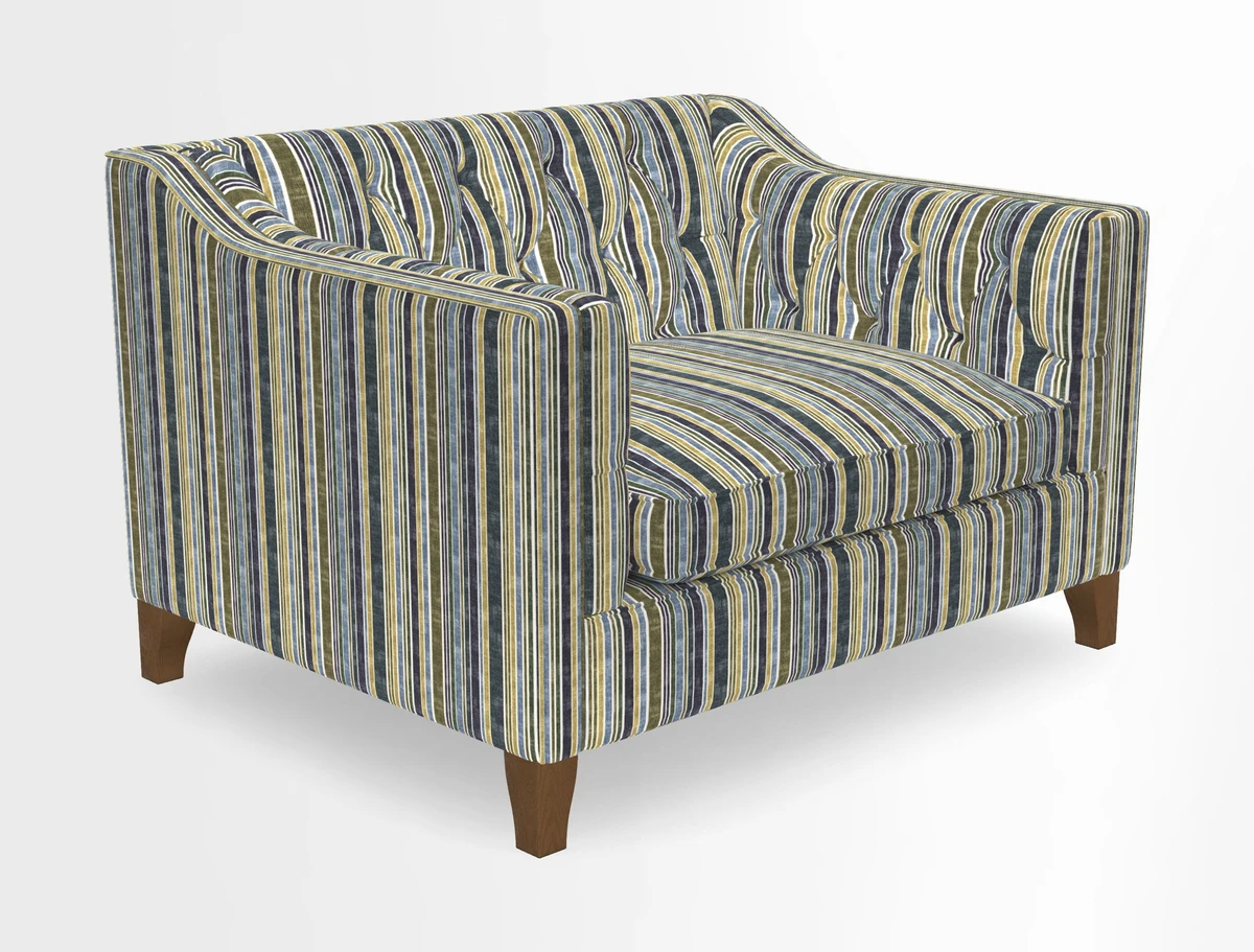 Haresfield Snuggler Dipped Arms in Mohair Lichen Seat Cushion in RHS Gertrude Jekyll Meadow Flower Olive and Scatters in RHS Gertrude Jekyll Folklore Olive