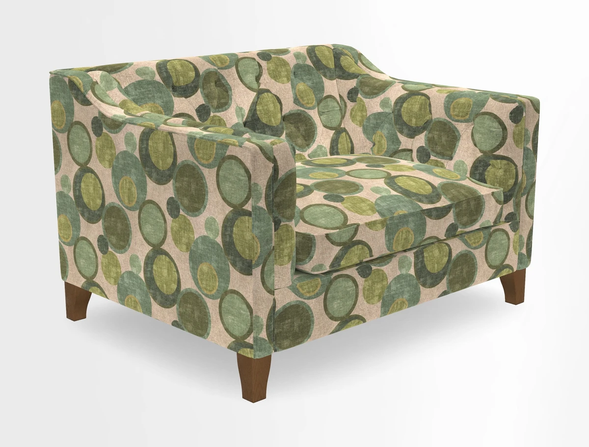 Haresfield Snuggler Dipped Arms in Mohair Lichen Seat Cushion in RHS Gertrude Jekyll Meadow Flower Olive and Scatters in RHS Gertrude Jekyll Folklore Olive