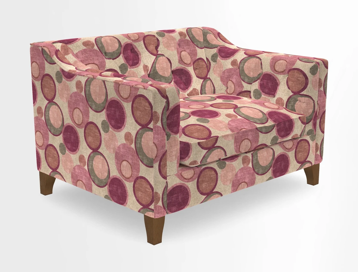 Haresfield Snuggler Dipped Arms in Mohair Lichen Seat Cushion in RHS Gertrude Jekyll Meadow Flower Olive and Scatters in RHS Gertrude Jekyll Folklore Olive