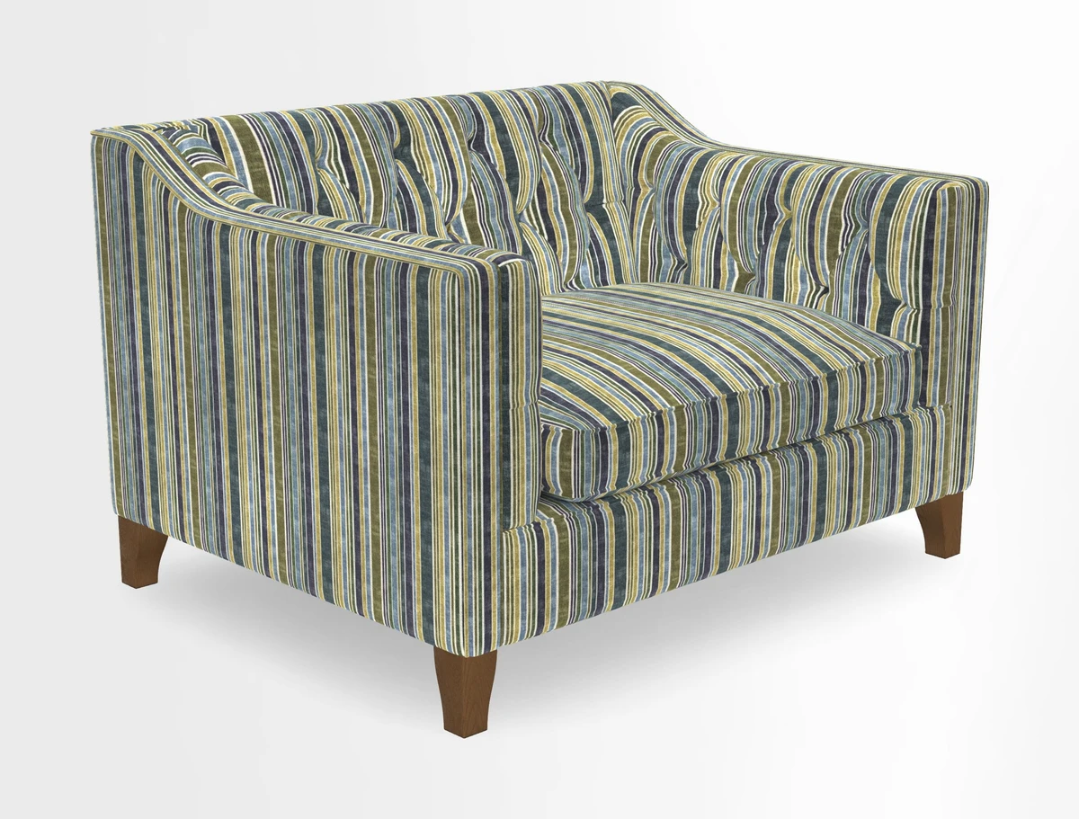 Haresfield Snuggler Dipped Arms in Mohair Lichen Seat Cushion in RHS Gertrude Jekyll Meadow Flower Olive and Scatters in RHS Gertrude Jekyll Folklore Olive