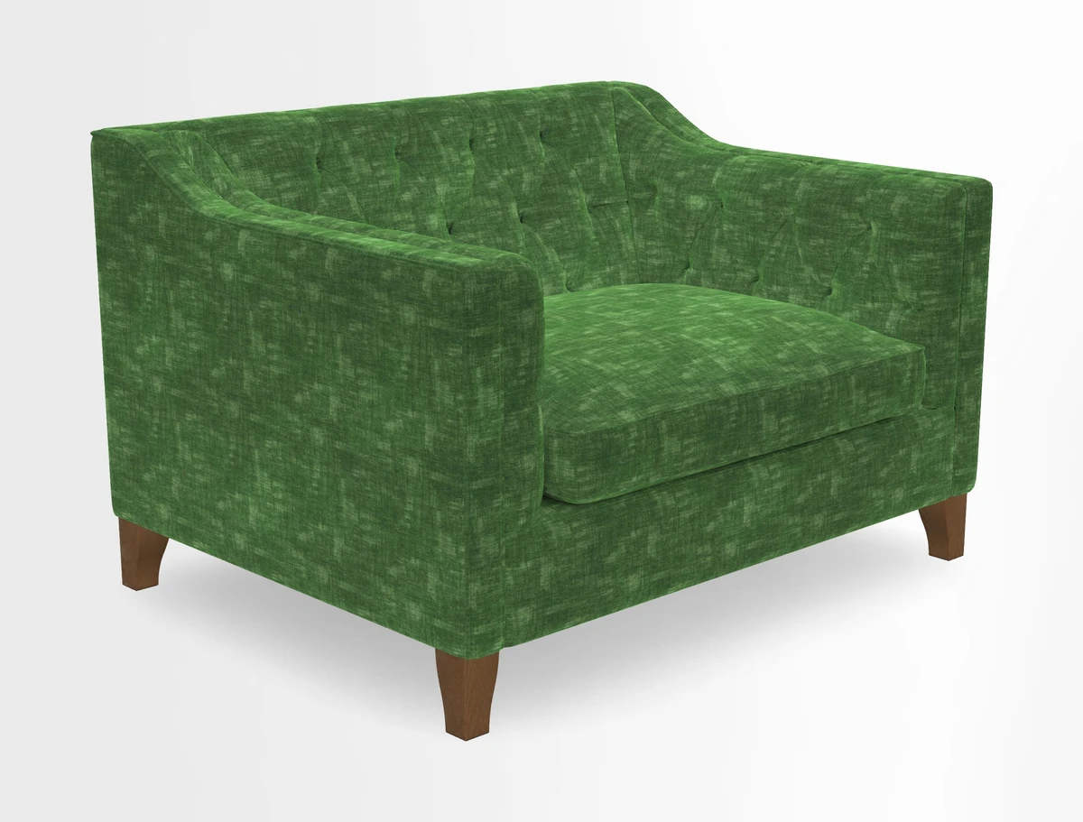 Haresfield Snuggler Dipped Arms in Mohair Lichen Seat Cushion in RHS Gertrude Jekyll Meadow Flower Olive and Scatters in RHS Gertrude Jekyll Folklore Olive