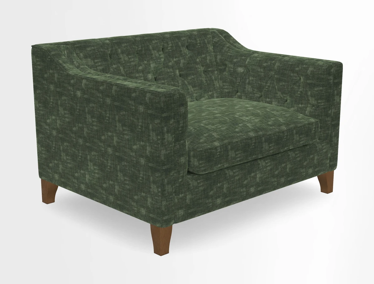 Haresfield Snuggler Dipped Arms in Mohair Lichen Seat Cushion in RHS Gertrude Jekyll Meadow Flower Olive and Scatters in RHS Gertrude Jekyll Folklore Olive