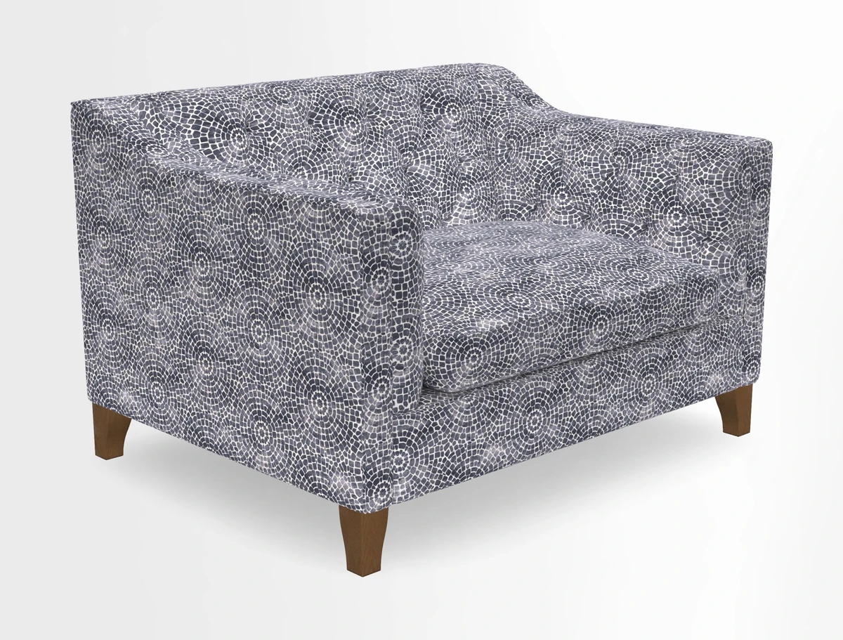 Haresfield Snuggler Dipped Arms in Mohair Lichen Seat Cushion in RHS Gertrude Jekyll Meadow Flower Olive and Scatters in RHS Gertrude Jekyll Folklore Olive