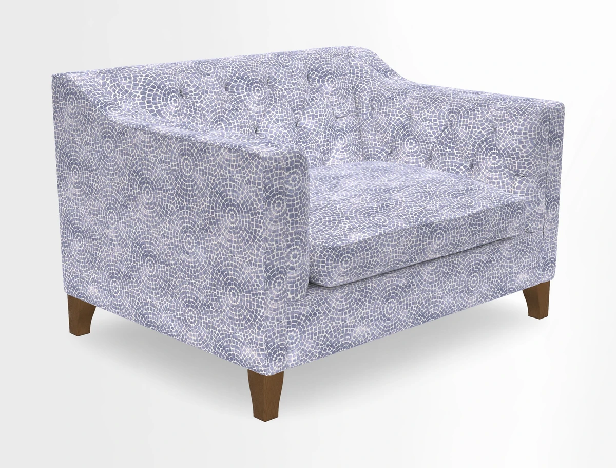 Haresfield Snuggler Dipped Arms in Mohair Lichen Seat Cushion in RHS Gertrude Jekyll Meadow Flower Olive and Scatters in RHS Gertrude Jekyll Folklore Olive