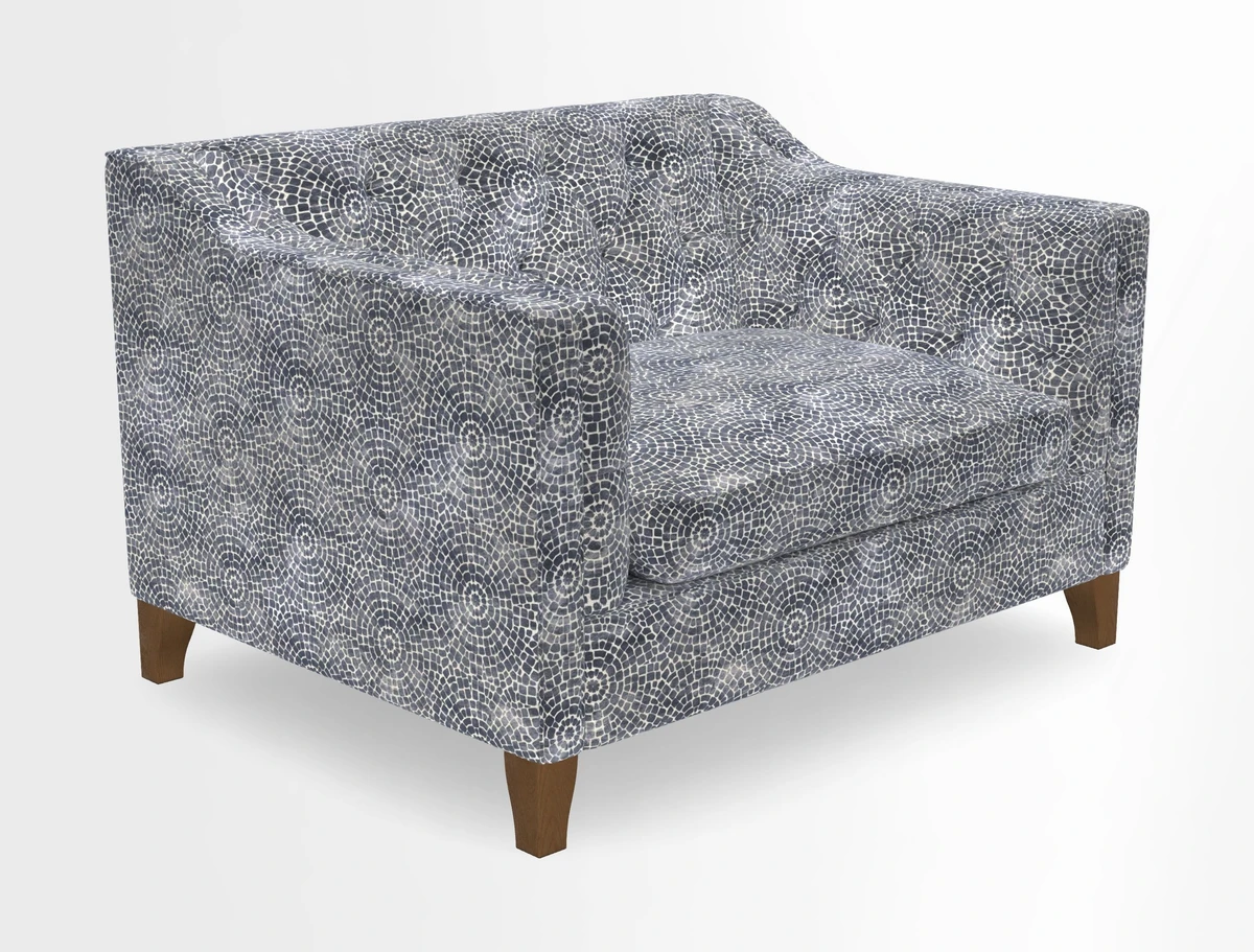 Haresfield Snuggler Dipped Arms in Mohair Lichen Seat Cushion in RHS Gertrude Jekyll Meadow Flower Olive and Scatters in RHS Gertrude Jekyll Folklore Olive