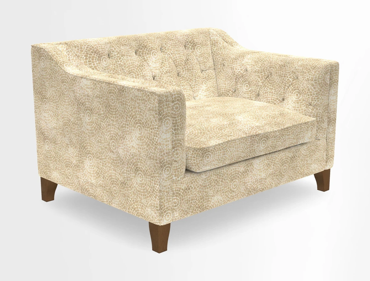 Haresfield Snuggler Dipped Arms in Mohair Lichen Seat Cushion in RHS Gertrude Jekyll Meadow Flower Olive and Scatters in RHS Gertrude Jekyll Folklore Olive