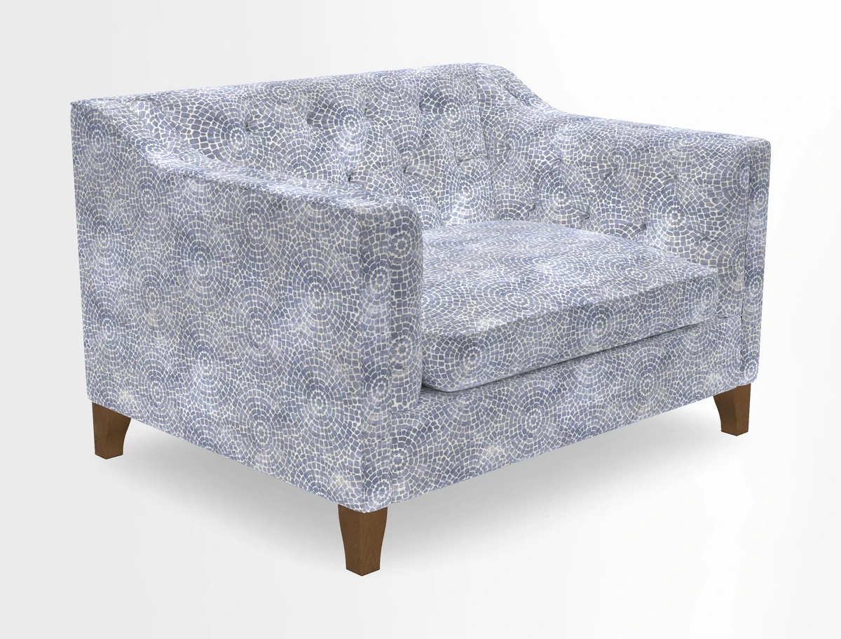 Haresfield Snuggler Dipped Arms in Mohair Lichen Seat Cushion in RHS Gertrude Jekyll Meadow Flower Olive and Scatters in RHS Gertrude Jekyll Folklore Olive