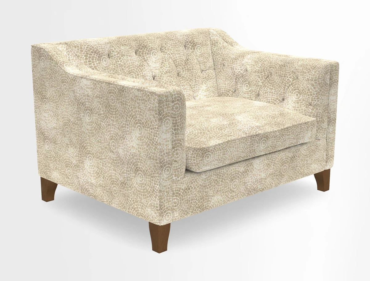 Haresfield Snuggler Dipped Arms in Mohair Lichen Seat Cushion in RHS Gertrude Jekyll Meadow Flower Olive and Scatters in RHS Gertrude Jekyll Folklore Olive