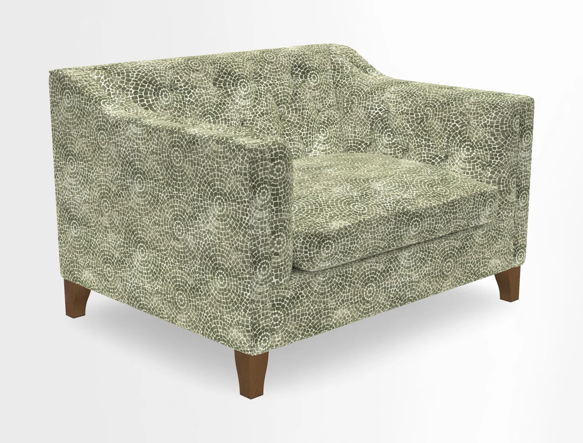Haresfield Snuggler Dipped Arms in Mohair Lichen Seat Cushion in RHS Gertrude Jekyll Meadow Flower Olive and Scatters in RHS Gertrude Jekyll Folklore Olive