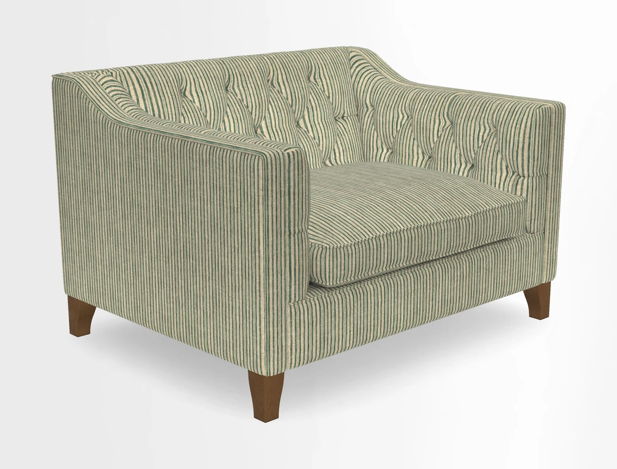 Haresfield Snuggler Dipped Arms in Mohair Lichen Seat Cushion in RHS Gertrude Jekyll Meadow Flower Olive and Scatters in RHS Gertrude Jekyll Folklore Olive