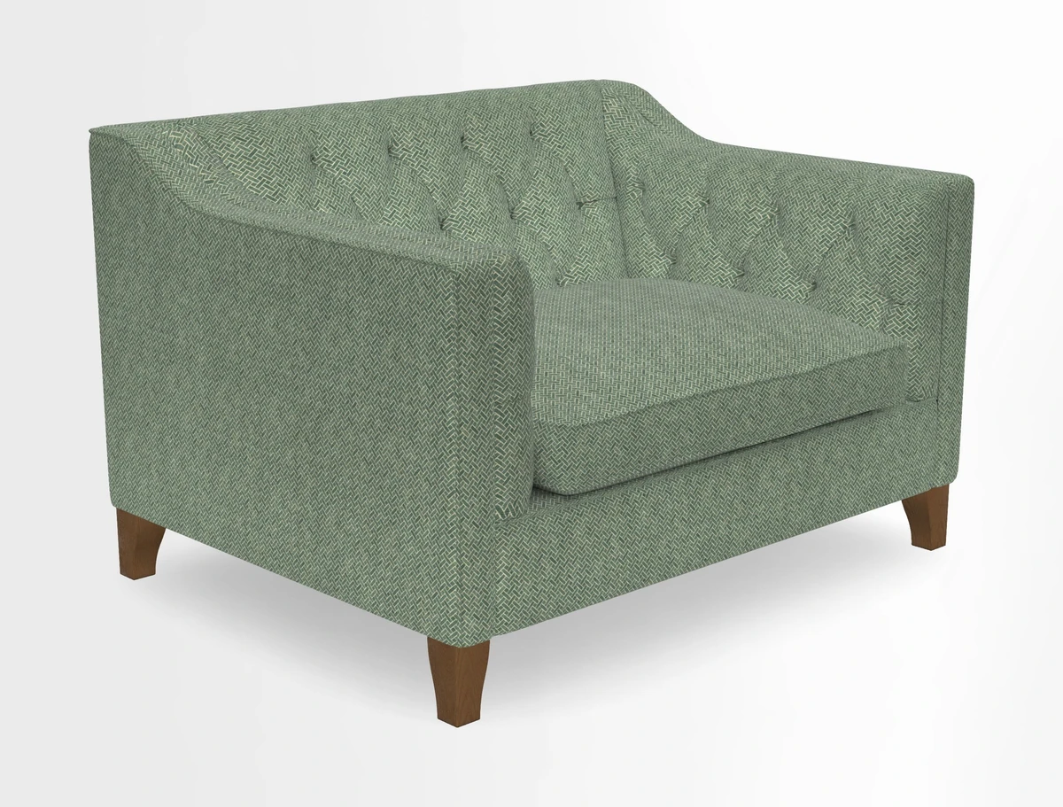 Haresfield Snuggler Dipped Arms in Mohair Lichen Seat Cushion in RHS Gertrude Jekyll Meadow Flower Olive and Scatters in RHS Gertrude Jekyll Folklore Olive