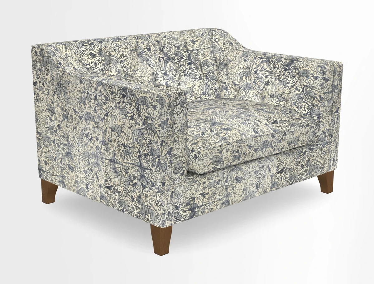 Haresfield Snuggler Dipped Arms in Mohair Lichen Seat Cushion in RHS Gertrude Jekyll Meadow Flower Olive and Scatters in RHS Gertrude Jekyll Folklore Olive