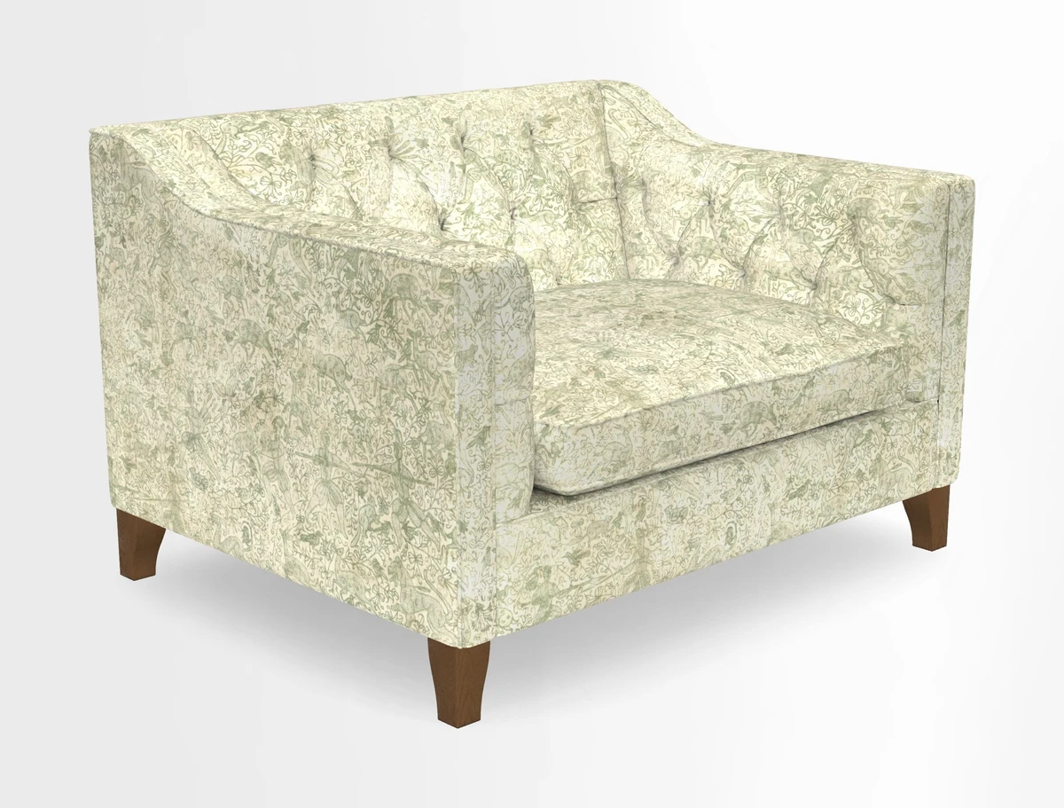 Haresfield Snuggler Dipped Arms in Mohair Lichen Seat Cushion in RHS Gertrude Jekyll Meadow Flower Olive and Scatters in RHS Gertrude Jekyll Folklore Olive