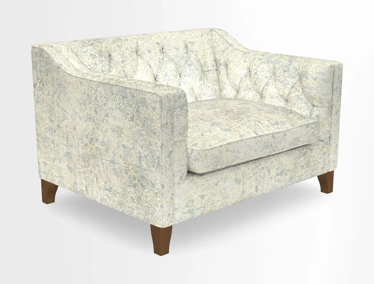 Haresfield Snuggler Dipped Arms in Mohair Lichen Seat Cushion in RHS Gertrude Jekyll Meadow Flower Olive and Scatters in RHS Gertrude Jekyll Folklore Olive