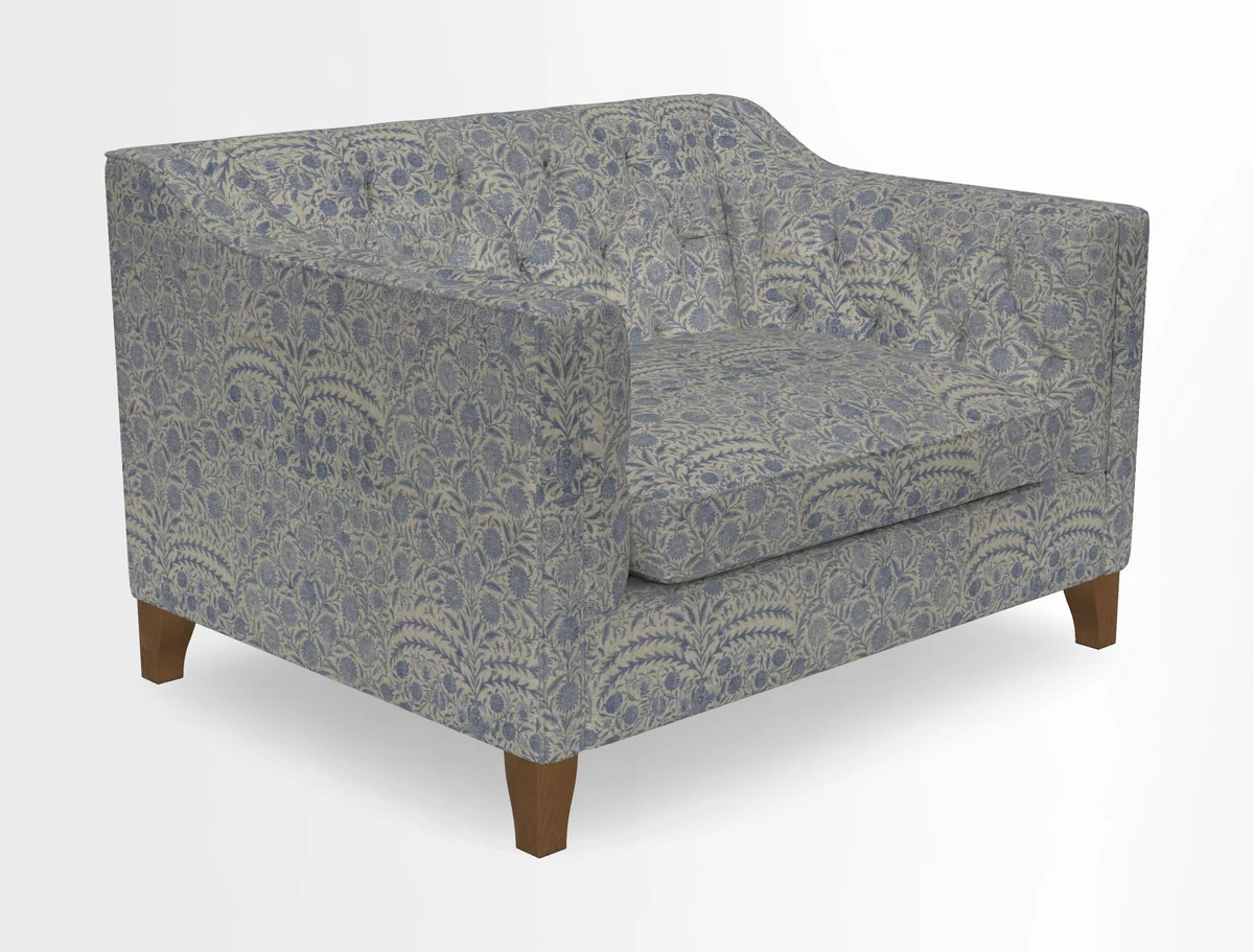 Haresfield Snuggler Dipped Arms in Mohair Lichen Seat Cushion in RHS Gertrude Jekyll Meadow Flower Olive and Scatters in RHS Gertrude Jekyll Folklore Olive