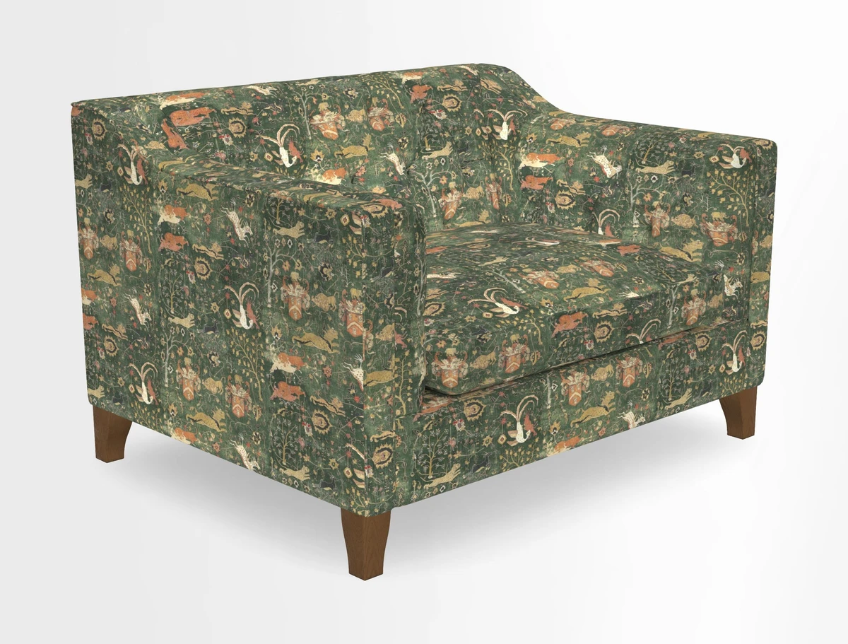 Haresfield Snuggler Dipped Arms in Mohair Lichen Seat Cushion in RHS Gertrude Jekyll Meadow Flower Olive and Scatters in RHS Gertrude Jekyll Folklore Olive