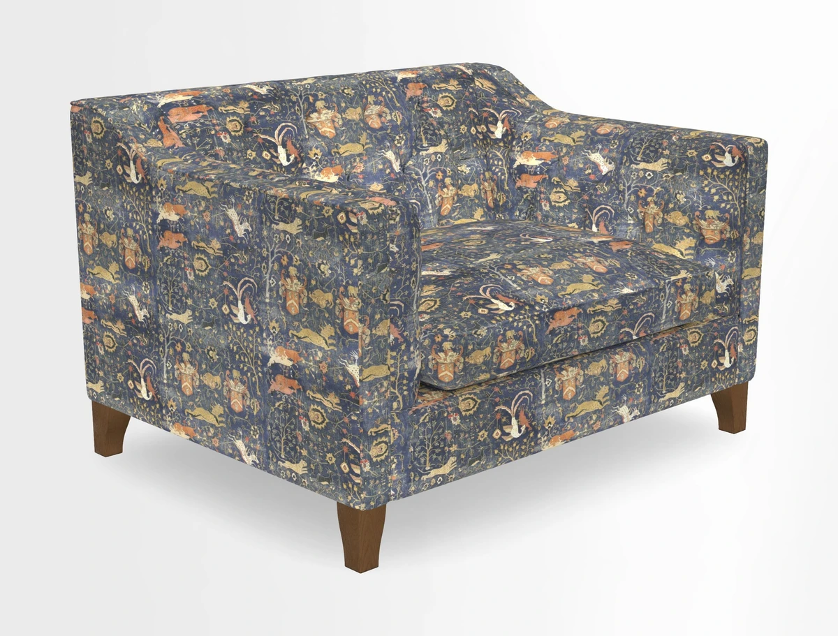 Haresfield Snuggler Dipped Arms in Mohair Lichen Seat Cushion in RHS Gertrude Jekyll Meadow Flower Olive and Scatters in RHS Gertrude Jekyll Folklore Olive