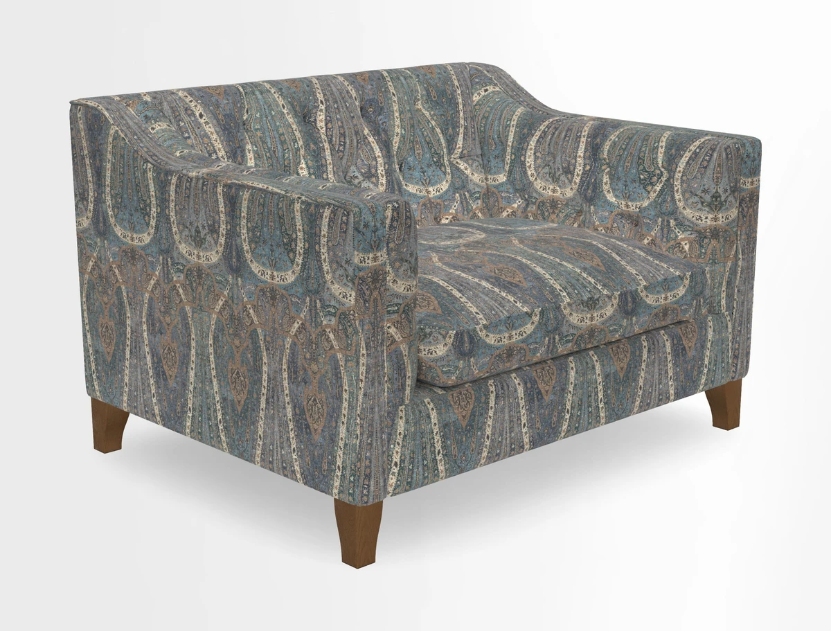 Haresfield Snuggler Dipped Arms in Mohair Lichen Seat Cushion in RHS Gertrude Jekyll Meadow Flower Olive and Scatters in RHS Gertrude Jekyll Folklore Olive