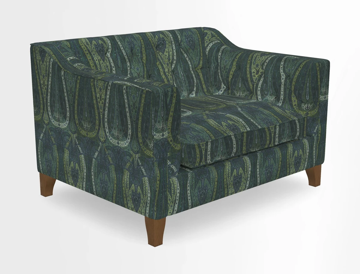 Haresfield Snuggler Dipped Arms in Mohair Lichen Seat Cushion in RHS Gertrude Jekyll Meadow Flower Olive and Scatters in RHS Gertrude Jekyll Folklore Olive