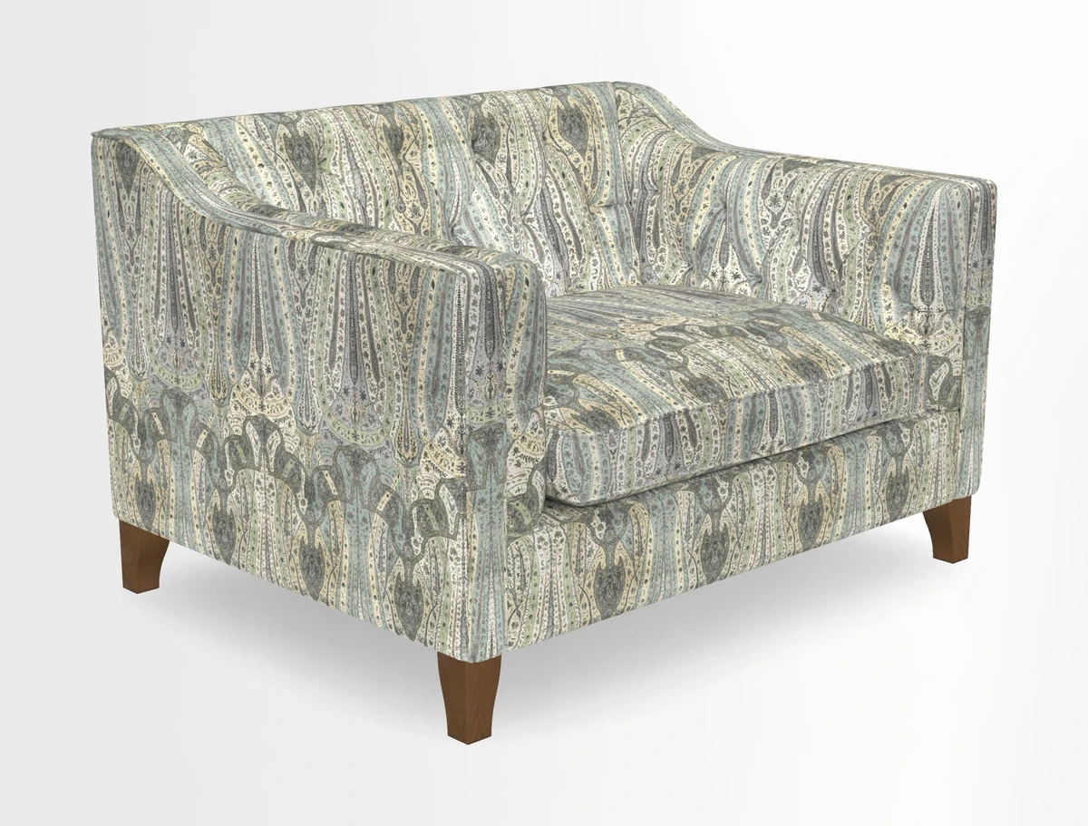 Haresfield Snuggler Dipped Arms in Mohair Lichen Seat Cushion in RHS Gertrude Jekyll Meadow Flower Olive and Scatters in RHS Gertrude Jekyll Folklore Olive