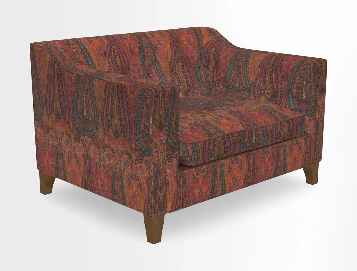 Haresfield Snuggler Dipped Arms in Mohair Lichen Seat Cushion in RHS Gertrude Jekyll Meadow Flower Olive and Scatters in RHS Gertrude Jekyll Folklore Olive