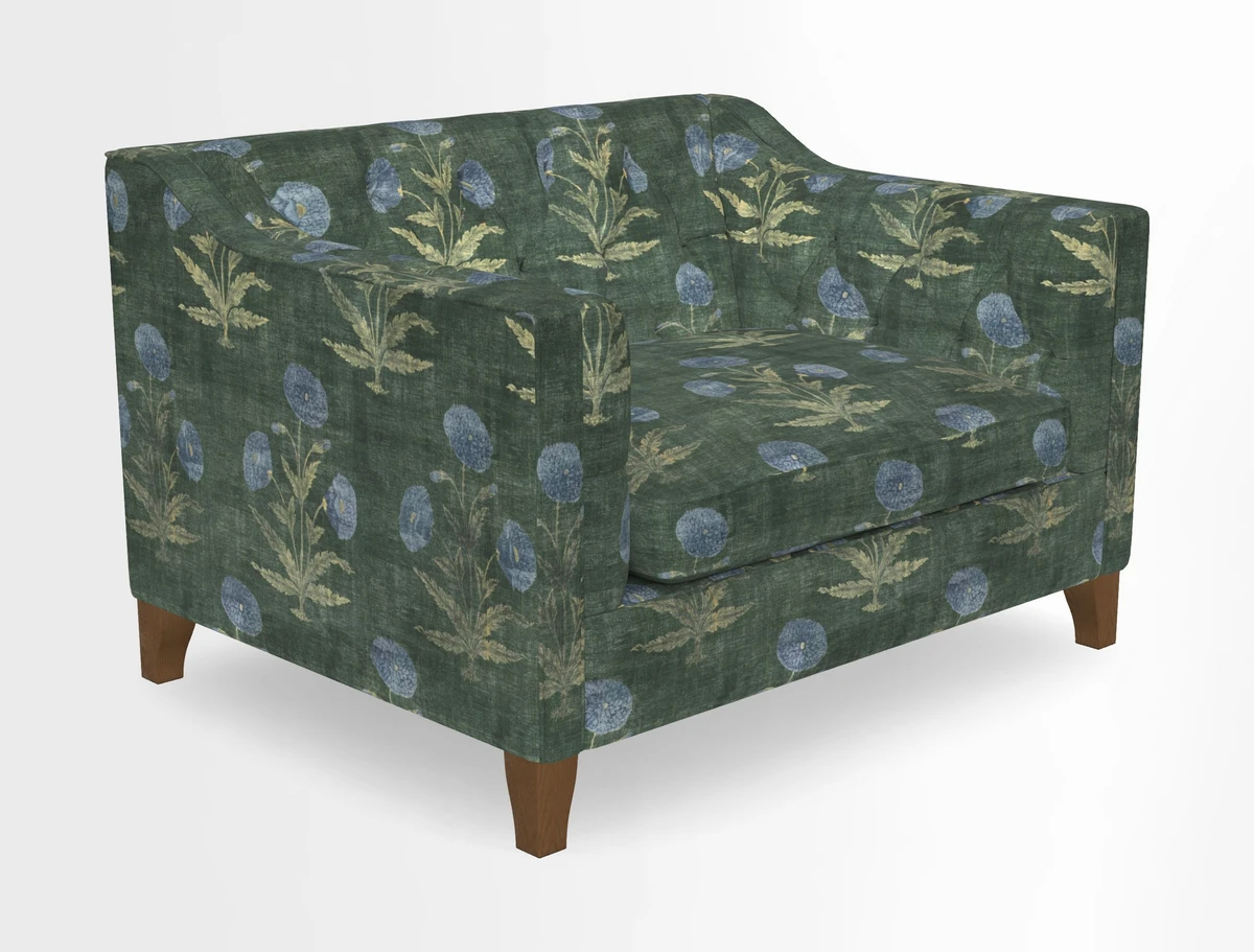 Haresfield Snuggler Dipped Arms in Mohair Lichen Seat Cushion in RHS Gertrude Jekyll Meadow Flower Olive and Scatters in RHS Gertrude Jekyll Folklore Olive