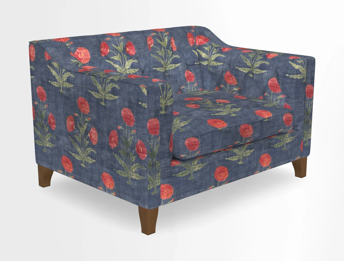 Haresfield Snuggler Dipped Arms in Mohair Lichen Seat Cushion in RHS Gertrude Jekyll Meadow Flower Olive and Scatters in RHS Gertrude Jekyll Folklore Olive