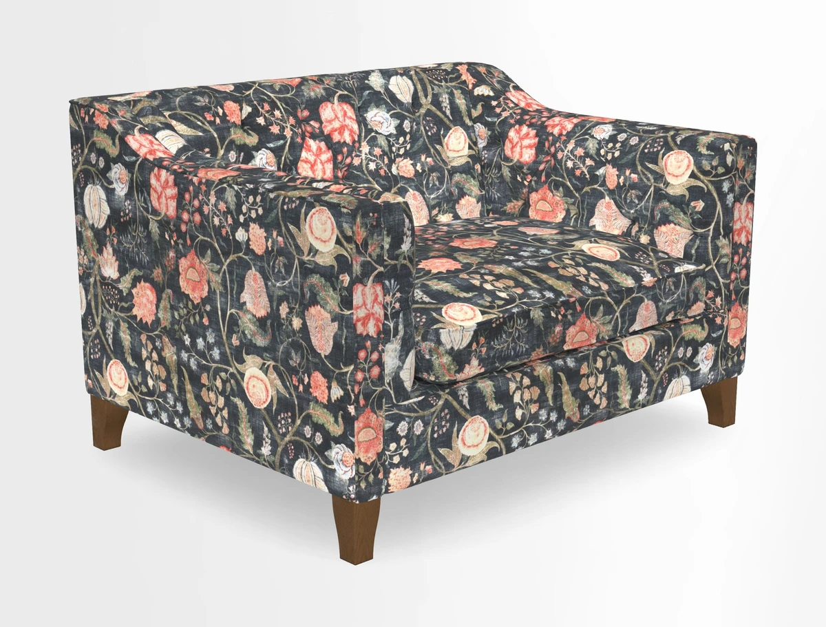 Haresfield Snuggler Dipped Arms in Mohair Lichen Seat Cushion in RHS Gertrude Jekyll Meadow Flower Olive and Scatters in RHS Gertrude Jekyll Folklore Olive