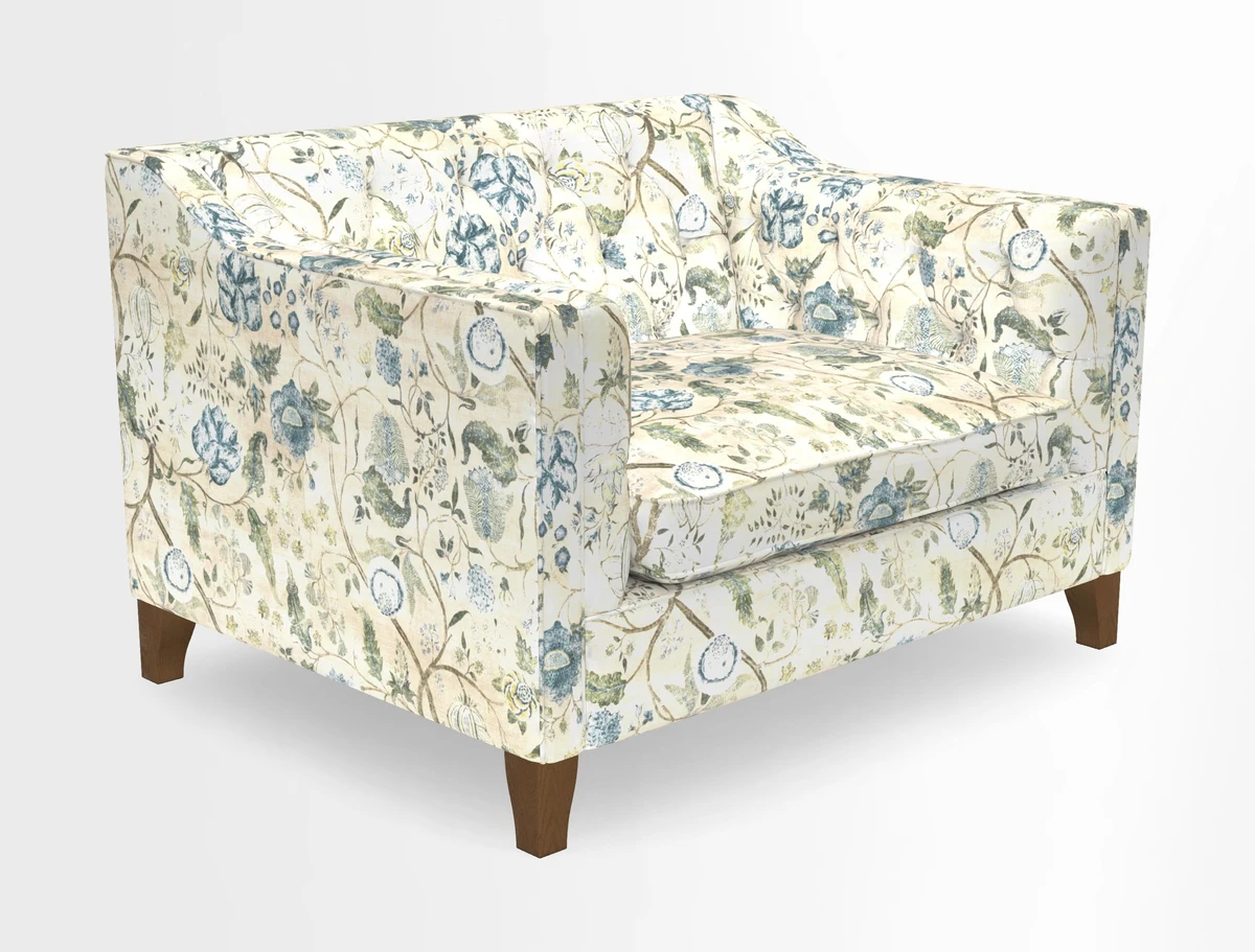 Haresfield Snuggler Dipped Arms in Mohair Lichen Seat Cushion in RHS Gertrude Jekyll Meadow Flower Olive and Scatters in RHS Gertrude Jekyll Folklore Olive