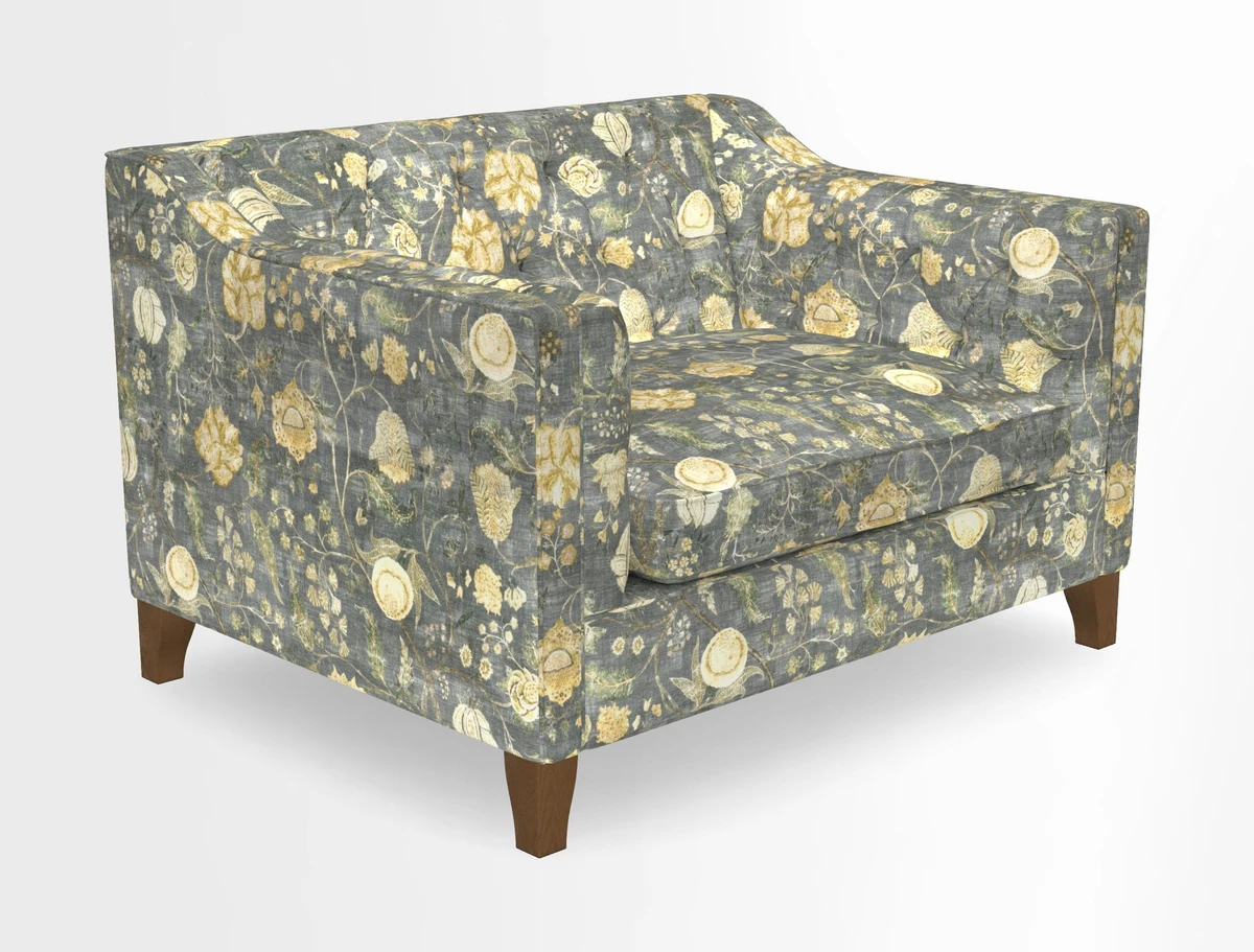 Haresfield Snuggler Dipped Arms in Mohair Lichen Seat Cushion in RHS Gertrude Jekyll Meadow Flower Olive and Scatters in RHS Gertrude Jekyll Folklore Olive