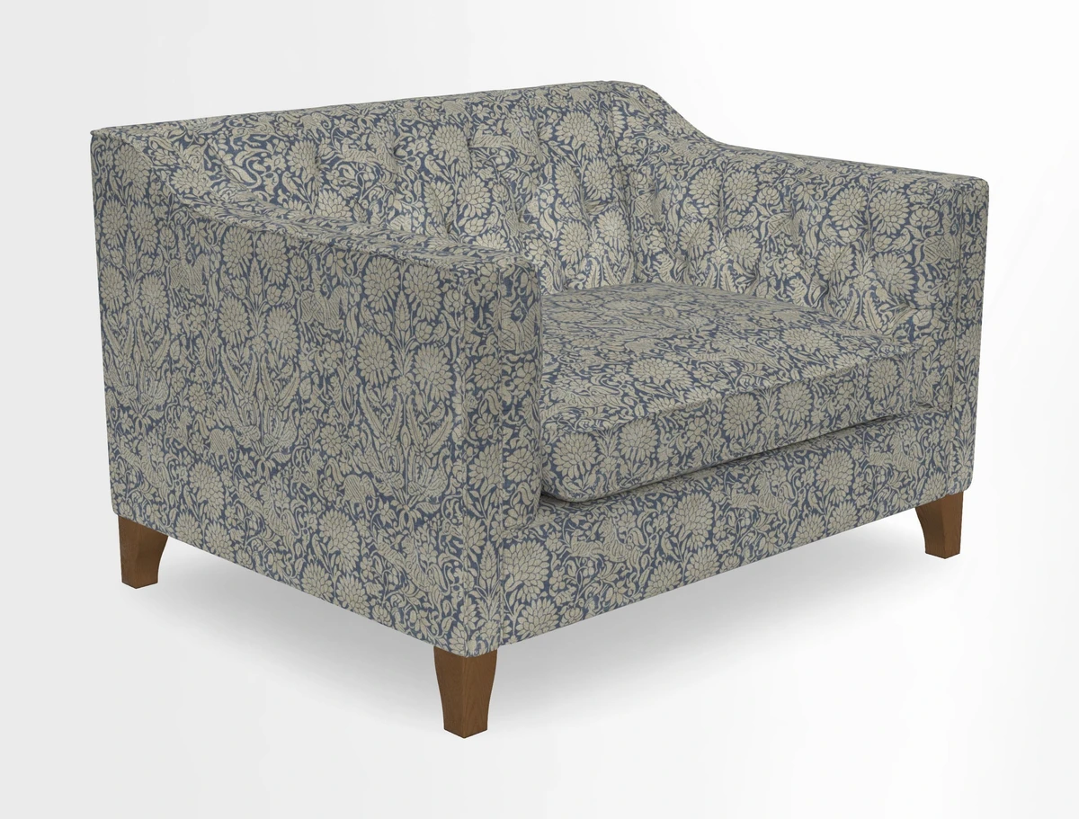 Haresfield Snuggler Dipped Arms in Mohair Lichen Seat Cushion in RHS Gertrude Jekyll Meadow Flower Olive and Scatters in RHS Gertrude Jekyll Folklore Olive