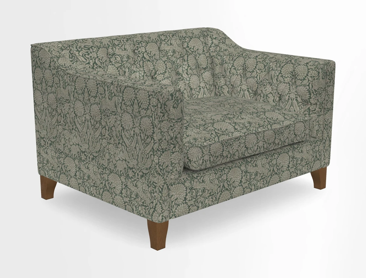 Haresfield Snuggler Dipped Arms in Mohair Lichen Seat Cushion in RHS Gertrude Jekyll Meadow Flower Olive and Scatters in RHS Gertrude Jekyll Folklore Olive