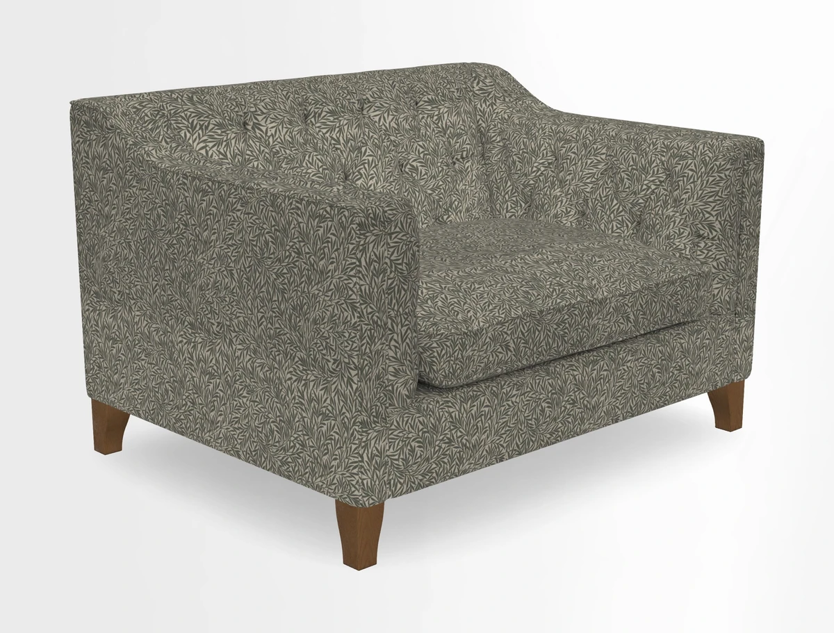 Haresfield Snuggler Dipped Arms in Mohair Lichen Seat Cushion in RHS Gertrude Jekyll Meadow Flower Olive and Scatters in RHS Gertrude Jekyll Folklore Olive