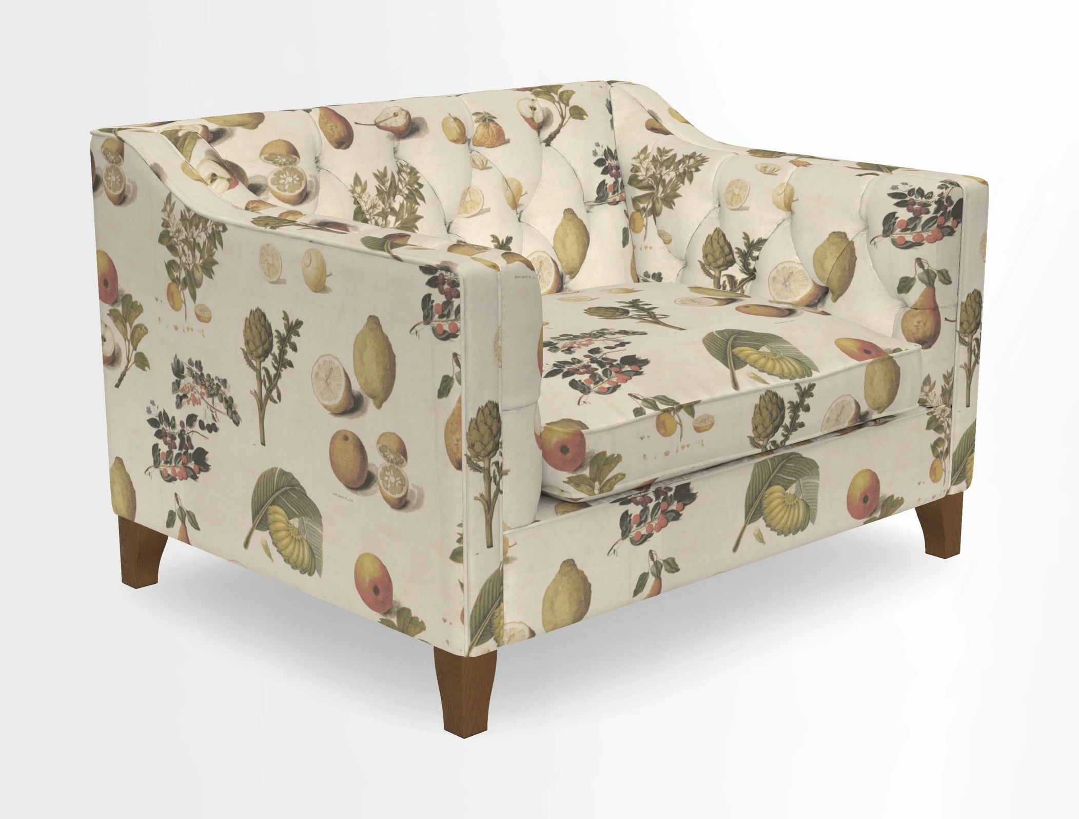 Haresfield Snuggler Dipped Arms in Mohair Lichen Seat Cushion in RHS Gertrude Jekyll Meadow Flower Olive and Scatters in RHS Gertrude Jekyll Folklore Olive