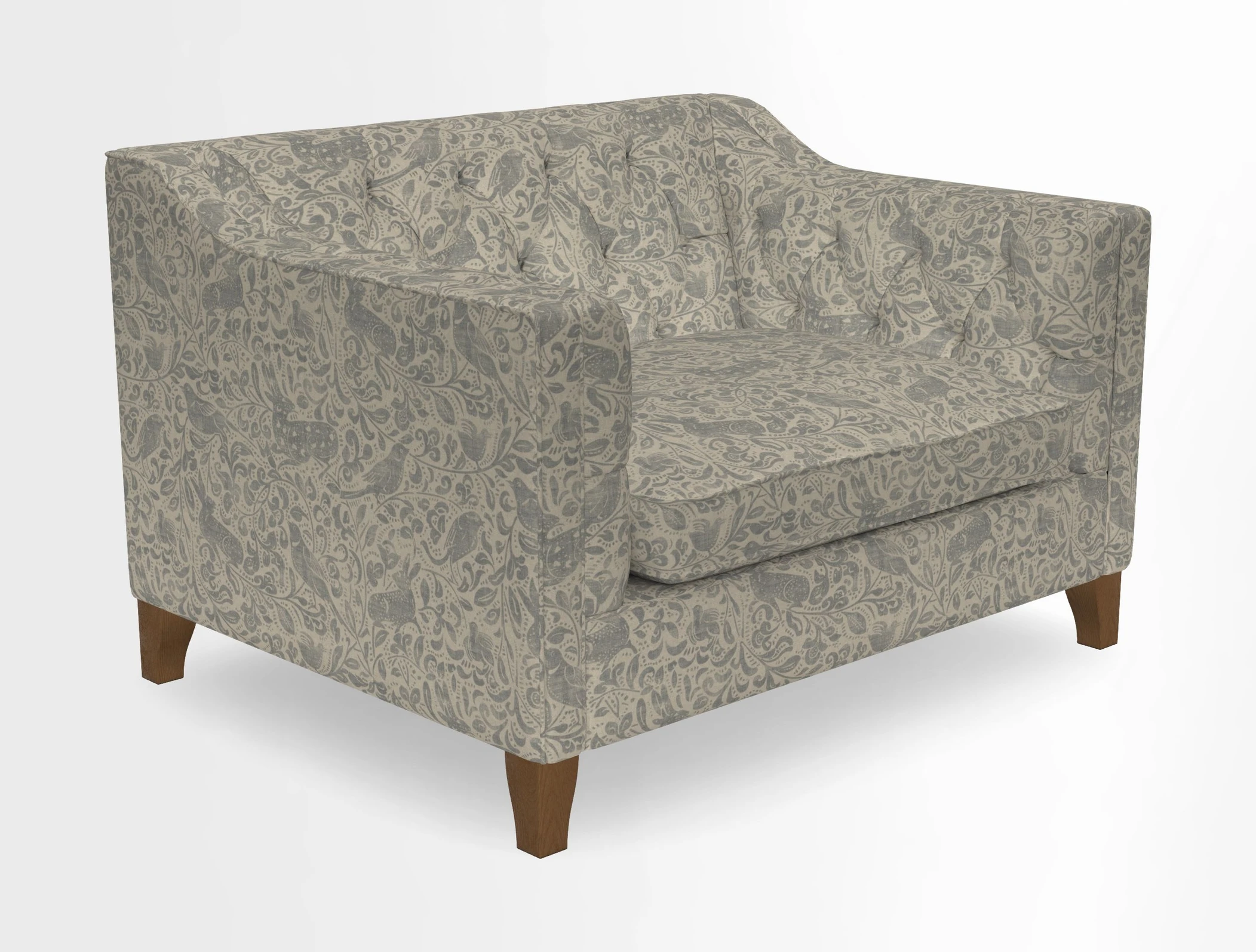 Haresfield Snuggler Dipped Arms in Mohair Lichen Seat Cushion in RHS Gertrude Jekyll Meadow Flower Olive and Scatters in RHS Gertrude Jekyll Folklore Olive